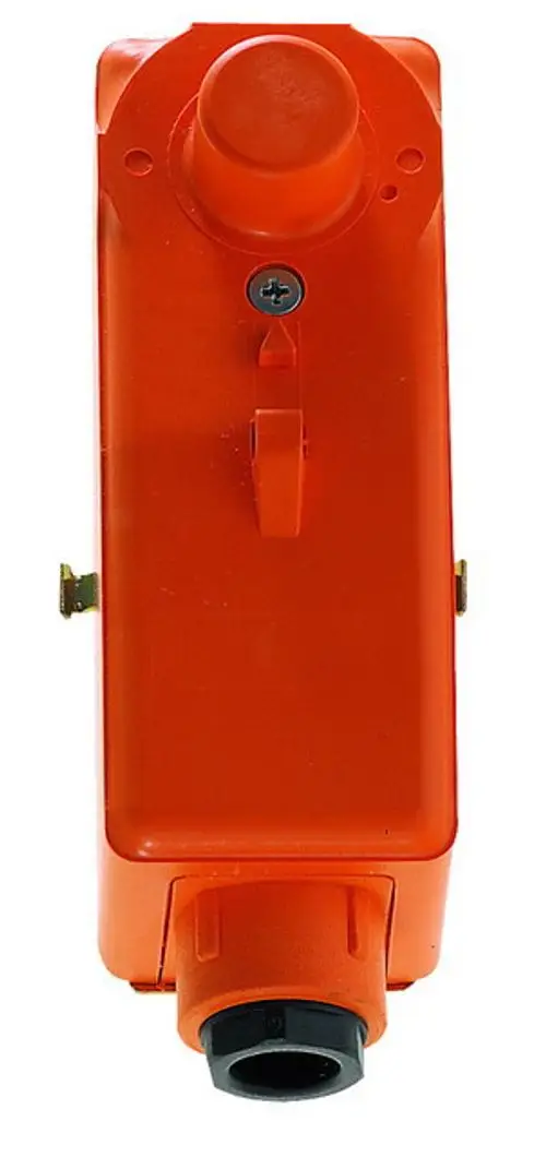 Elektronischer Temperaturregler in orange, ausgestattet mit einem runden Einstellknopf und einem Anschluss für Rohrleitungen, hergestellt von IMI Hydronic Engineering.